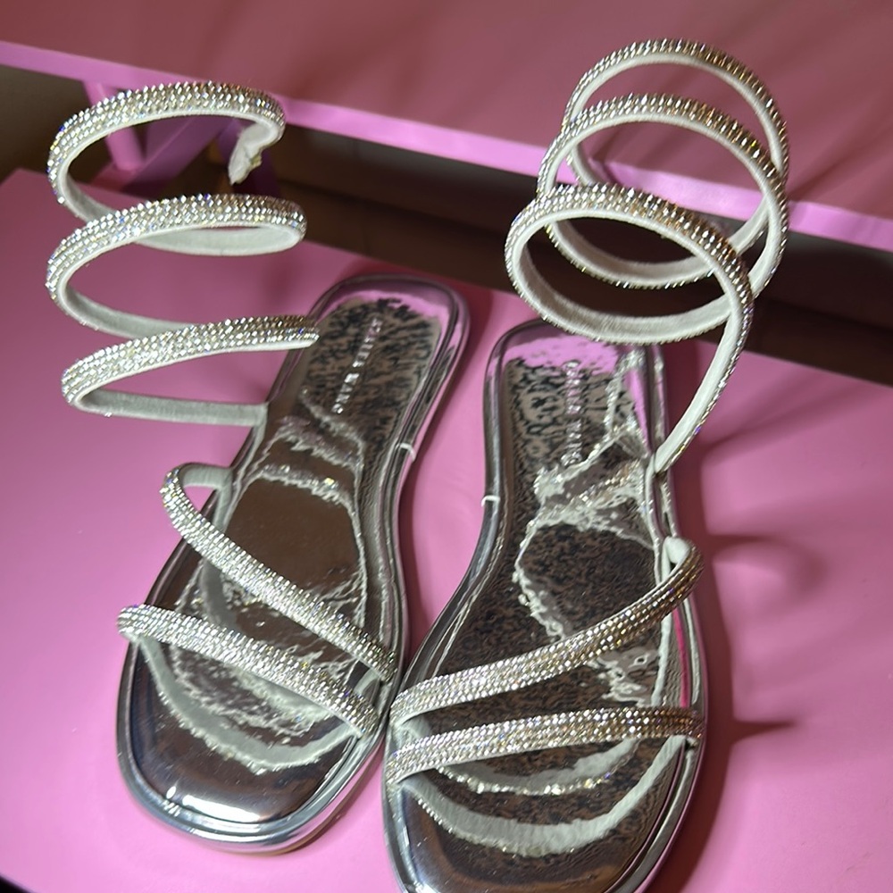 AZALEA WANG Glamorous Silver Spiral Strap Sandals
